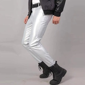 <b>Men's</b> <b>White</b> PU Coated Straight Fit Casual <b>Pants</b> With Belt Mid Waist Zipper Fly - Product Image 5