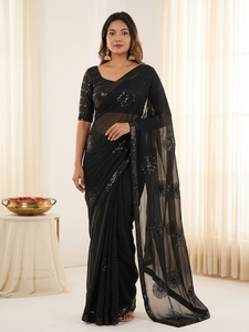 Indian Traditional Ethnic Beautiful Georgette Saree with Embroidery <b>Sequins</b> Work for Women Wedding Party Wear Elegant Outfit - Product Image 1