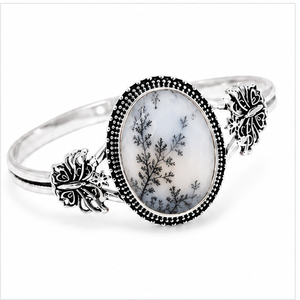 925 Sterling Silver Dendrite Opal Bangle, Oval Dendritic Opal Gemstone <b>Bracelet</b>, Black Pattern Stone Jewelry, Statement Bangle - Product Image 3