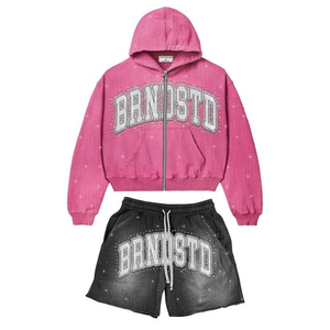 Popular Custom Logo Printed Acid Wash Zip Hoodie & Shorts Set Heavyweight 100% Cotton 400 GSM Fleece Hoodie & Shorts Sets - Product Image 1