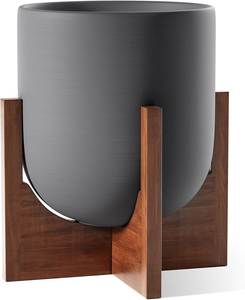 Maceta Moderna de Hormigón con Soporte de Madera, Minimalista, para Interiores, Diseño Geométrico, Acabado Gris - Product Image 4