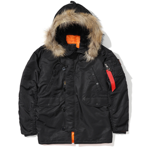 Veste d'hiver décontractée pour homme en duvet bleu marine avec capuche en fourrure, coupe-vent, longueur normale, fermeture éclair simple - Product Image 3