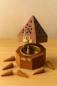 <b>Decorative</b> Solid Wood Incense Censer Holder With Unique Geometric Carved Panels Covered Lid And Inner Metal Bowl For Dhoop Batti - Product Image 6