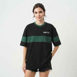 T-shirt pour femme, noir et vert, coupe ample, col rond, manches courtes, décontracté, 100% coton, impression de logo personnalisée - Product Image 2