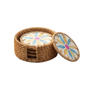 BEST SELLER - Set de dessous-de-plat et sous-verres en rotin écologique et nacre, qualité supérieure, durable, pour la décoration intérieure, vente en gros - Product Image 1
