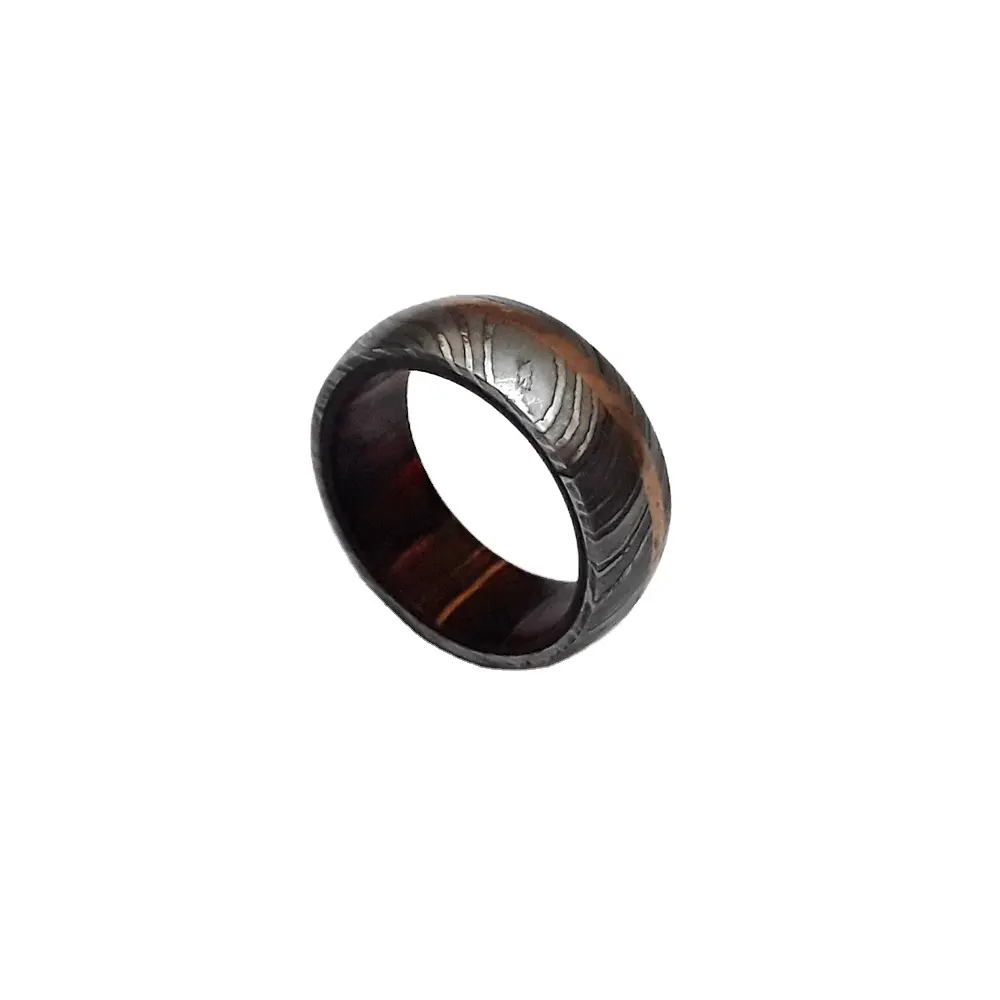 Mangas hechas a mano de acero de Damasco, madera dura y anillo de incrustación de cobre Joyería de moda para hombre y mujer, respetuosa con el medio ambiente, color gris, PK