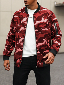 Blouson bomber camouflage rouge pour homme, fermeture éclair, coupe décontractée, coupe-vent, polyester, col rabattable, coupe régulière, style automne - Product Image 3