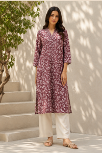 Kurti pour femmes, imprimé floral marron, col en V, manches longues, coupe droite, tunique ethnique longue, décontractée, élégante, confortable, à porter au quotidien - Product Image 6