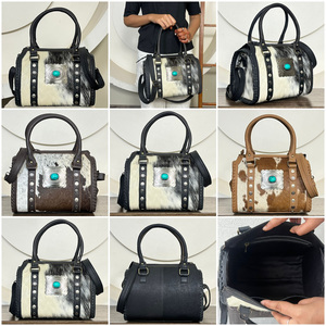 Bolsos de lona Speedy hechos a mano con cuero de vaca con pelo, estilo occidental con concho turquesa, bolso de hombro de viaje para mujer - Product Image 3