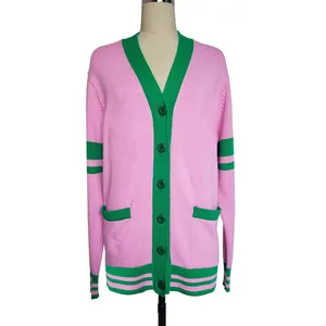 Oem Custom Made Winter Sorority Varsity Women Clothing Vintage Pink Green Cardigan Sweater