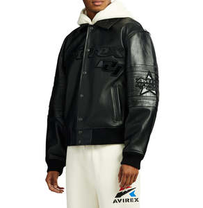 Avirex Custom Men's Premium Black Genuine Leather Bomber <b>Jacket</b> Luxury Streetwear Varsity <b>Jacket</b> OEM ODM Wholesale Manufacturer - Product Image 5