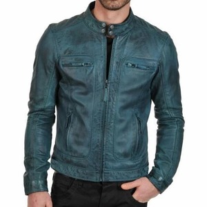 เสื้อแจ็คเก็ตหนังผู้ชายสไตล์คาเฟ่เรเซอร์แบบดิสเทรส - Product Image 1