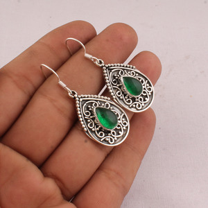 Boucles d'oreilles pendantes vintage en argent sterling 925 avec onyx vert et filigrane, pour mariage, fiançailles et cadeau - Bijoux unisexe de Jaipur - Product Image 3