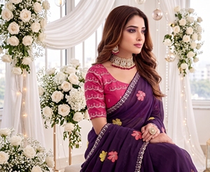 AARA Fashion Purple Floral Embroidered Rayon Saree Pink <b>Blouse</b> for Women Sun Protection All Seasons Traditional Wedding Wear - Product Image 3