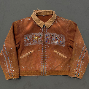 Vintage Washed Canvas Denim <b>Jacket</b> <b>Rhinestone</b> Embellished Distressed Zip Up Oversized Streetwear Coat for Men - Product Image 3