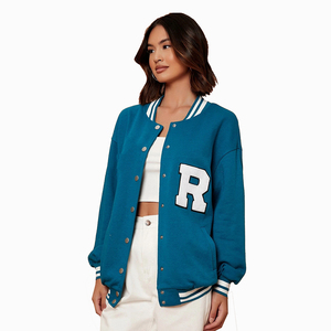 REBA SPORTS IMPEX <b>Women's</b> Blue Varsity <b>Jacket</b> <b>White</b> R Logo Front Pullover Collar Full Sleeve Lightweight Color Blocked - Product Image 1