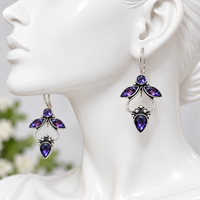 Boucles d'oreilles pendantes en pierre violette pour femmes |   Boucles d'oreilles tendance bohèmes ethniques en laiton fait main, argent oxydé