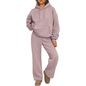 Conjunto de Sudadera Oversize Lisa para Mujer y Pantalones de Chándal de Pierna Ancha de Algodón Afelpado, Estilo Urbano, Proveedor Mayorista - Product Image 1