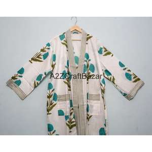 Bata Kimono Larga de Algodón 100% con Estampado Floral Hecho a Mano, Transpirable para Todas las Estaciones, Regalo Perfecto de Navidad - Product Image 2