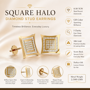 Pendientes de oro de 10 quilates con diamantes redondos auténticos de 0,50 quilates |   GH Color I Clarity Diseño de Halo Cuadrado |   Regalo de Joyería Fina de Lujo para Mujer - Product Image 5