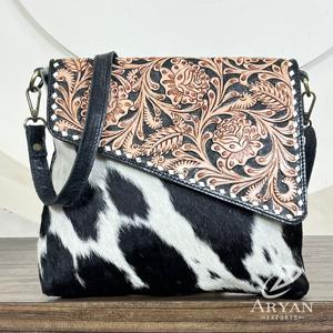 Bolso Bandolera de Cuero Vacuno Occidental Hecho a Mano con Solapa de Cuero Grabado Floral, Nuevo Bolso Mensajero de Cuero Genuino - Product Image 1