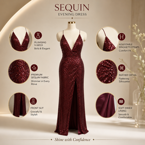Burgundy <b>Sequin</b> Evening Gown Women Deep V Neck Spaghetti Strap Ruched Maxi Dress High Slit Formal Prom Wedding Party Luxury - Product Image 5