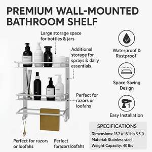 Étagère murale pour salle de bain – Organisateur de douche en acier inoxydable avec barre porte-serviettes, support de salle de bain multifonctionnel antirouille - Product Image 3