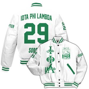 Iota Phi Lambda Women Custom Chapter Varsity Jacket White Emerald Green Letter Crest Number Year Sorority Bomber Jacket - Product Image 4