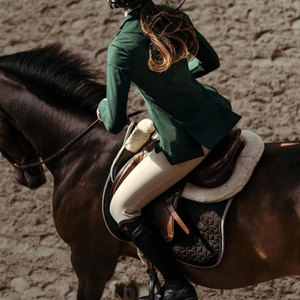 Green Polyester & Cotton Riding Jacket with Leather Details for Show Jumping <b>Equestrian</b> Wear Custom Logo - Product Image 1