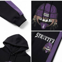 Survêtement à capuche streetwear noir et violet, délavé à l'acide, longueur intégrale, en coton, coupe classique, taille élastique, poches latérales, hiver, adulte