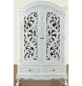 Luxury Handcrafted Solid Wood 2 Door <b>Wardrobe</b> Ornate Leaf Scroll Carving Shabby Chic White Armoire - Product Image 1