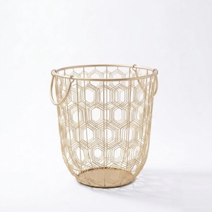 Factory Direct Supply Luxury <b>Gold</b> Finished Round Iron Laundry Basket Metal Weaved Laundry Bin For Home Bathroom Organizer - Product Image 1
