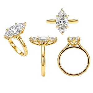 Marquise CVD Lab Diamond <b>Ring</b> | 18K Gold | <b>Open</b> Claw Hidden Halo | Minimalist Band | VVS D Color | OEM Fine Jewellery - Product Image 2