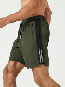 Men Green Sport <b>Shorts</b> Mid Waist Drawstring Quick Dry With <b>Zip</b> <b>Pocket</b> Color Blocked Design - Product Image 6