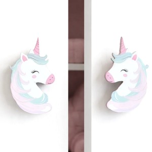Manijas de puerta de madera de acacia modernas hechas a mano, pomo multicolor con diseño de unicornio mágico, tiradores para cajones, cómodas y armarios - Product Image 1