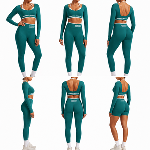 Ensemble de yoga sans couture 3 pièces pour femme : haut court à manches longues, soutien-gorge de sport, leggings taille haute et shorts, séchage rapide, extensible, pour la gym et le fitness - Product Image 2
