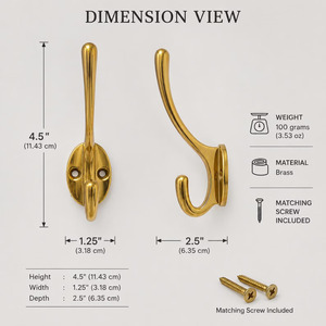 SHUBHAM Gancho Doble de Pared de Latón Dorado, Perchero Montado en Pared para Baño, Entrada, Dormitorio - Product Image 5