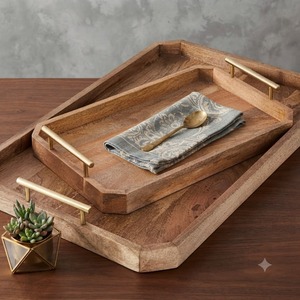 Bandeja de Servir de Madera Abstracta Moderna y Lujosa, con Asas de Metal, Forma Rectangular, Multifuncional, Apta para Lavavajillas, de Grado Alimenticio, Decoración de Cocina - Product Image 1