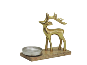 Porte-bougie décoratif en aluminium en forme de renne doré avec base en bois, centre de table de Noël - Product Image 3