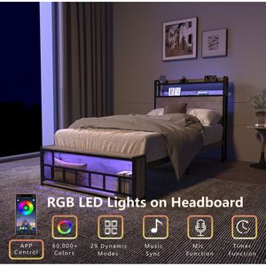 Solid Stable <b>Twin</b> <b>Bed</b> <b>Frames</b> with LED Headboard Charging Station Noise-Free No Box Spring Needed for Bedroom - Product Image 3