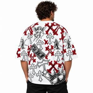 Camiseta Oversize de Cuello Redondo para Hombre, Manga Corta, Estilo Urbano, con Estampado Integral de Cruz y Corona de Ángel - Product Image 2