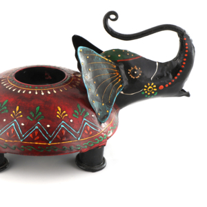 Support de bougie rond en bois et fer émaillé, motif éléphant, fait main, style moderne du Rajasthan, pièce décorative pour la maison - Product Image 1