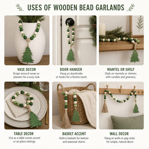 Guirnalda de Cuentas de Madera Hecha a Mano para Árbol de Navidad con Borla de Yute, Decoración Rústica Verde y Crema para Bandeja Escalonada Navideña, Venta al por Mayor a Granel - Product Image 3