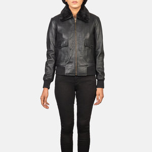 Blouson bomber en cuir véritable noir avec col en fourrure, fermeture éclair sur toute la longueur des manches, coupe classique, vêtement d'hiver - Product Image 4
