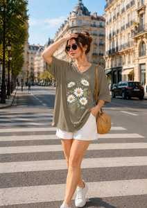 เสื้อยืดผู้หญิงฤดูร้อน สีกรมท่า ผ้าฝ้ายนุ่ม สวมใส่สบาย แขนสั้น ระบายอากาศได้ดี คุณภาพสูง ปรับแต่งได้ คอวี ไหล่ตก ลายดอกไม้ - Product Image 4