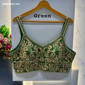 Party Wear Soft Faux Georgette with <b>Beads</b>-Sequence-Zari Work Sleeveless Padded Back-Hook V-Neck Blouse Indian Supplier - Product Image 5