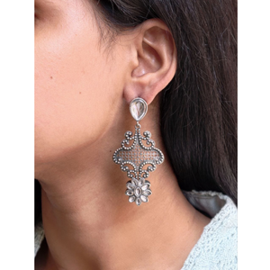 Ethnic Oxidized Silver Statement Earrings with <b>White</b> Stone | Vintage Floral Boho Dangle Earrings for Women - Product Image 4