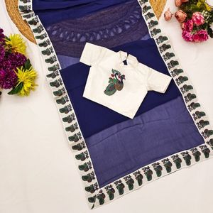 Blusa de seda Dola azul premium con estampado elegante, lista para usar, tipo sari, completamente cosida, precio al por mayor de Royal Export - Product Image 4