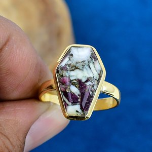 Natural Purple Spiny Turquoise Coffin Shape Gemstone 18k Gold Plated Bezel Handmade <b>Statement</b> <b>Ring</b> For Women - Product Image 4