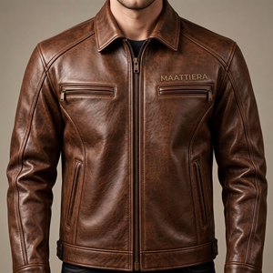 <b>Men</b> <b>Brown</b> <b>Leather</b> Look <b>Jacket</b> Zip Up Motorcycle Style Long Sleeve Casual Outerwear Custom OEM ODM Wholesale - Product Image 1